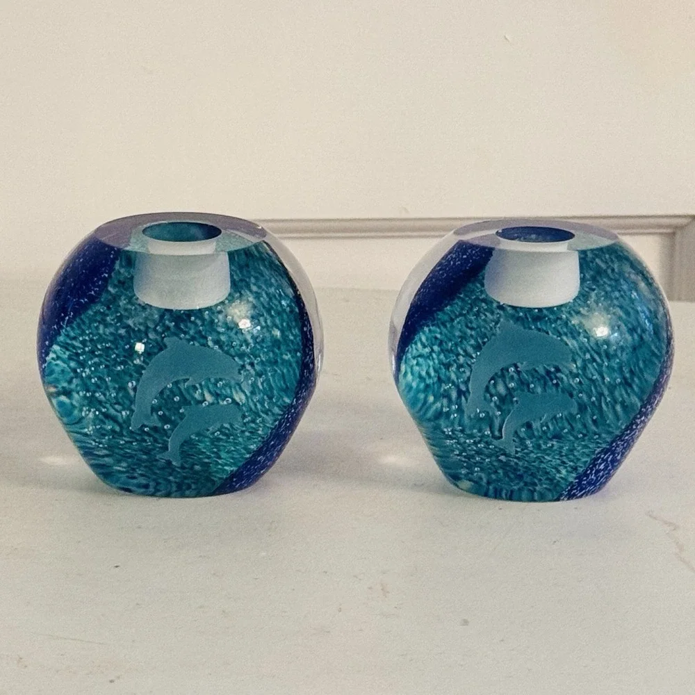 2 Lenox‎ Undersea Paradise Votive Crystal Blue Swirl Dolphin, Made in Scotland